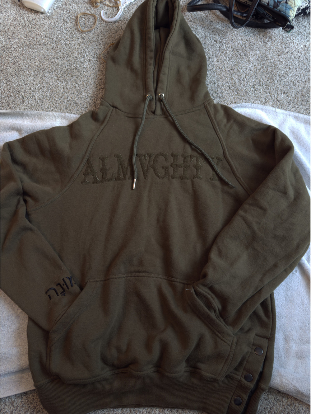 ALMVGHTY Olive Green Hoodie with Embroidered Logos and Snap Buttons, Size M